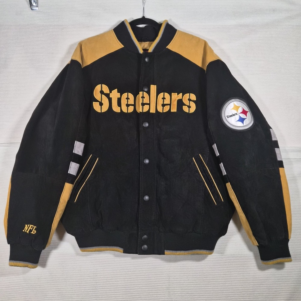 Vintage NFL‎ Pittsburgh Steelers Suede Leather Jacket Mens L Black/Yellow G-III